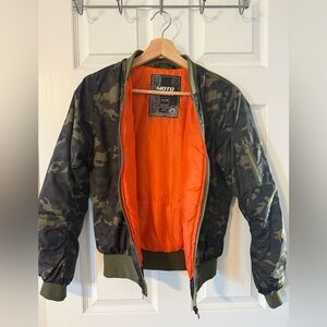 Camouflage Bomber Jacket with Orange Lining